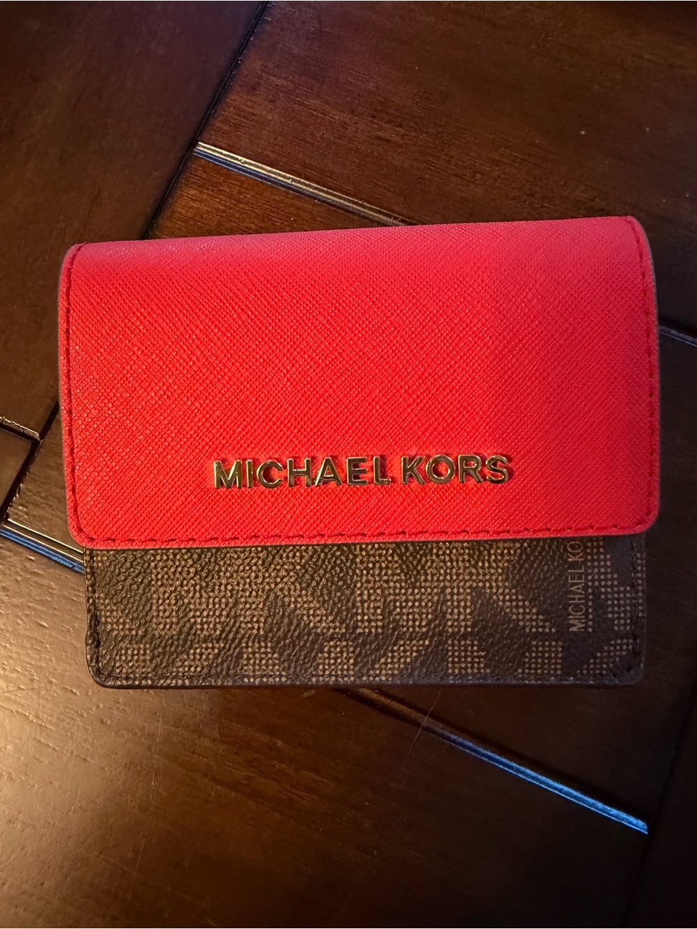 Michael Kors Red and Brown Logo-Accent Card Holder
